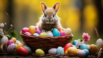 ai generado Pascua de Resurrección conejito con vistoso huevos en de madera antecedentes. contento Pascua de Resurrección. foto