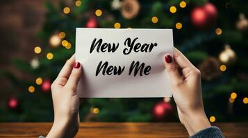 AI generated Closeup on businessman holding card with text New Year New Me with blurred background photo