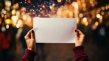 AI generated Woman hands holding blank paper sheet with bokeh lights background. photo