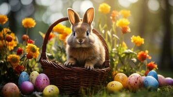 AI generated Easter bunny with colorful eggs on wooden background. Happy Easter. photo