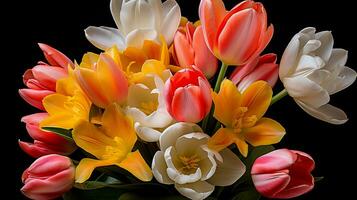 AI generated Bouquet of tulips on a black background. Spring flowers. photo