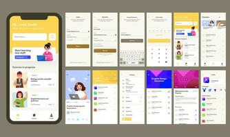 Mobile App UI Kit Including as Sign In, Sign Up, Forgot Password, Various Courses Screens for Online Learning and Classes Concept. vector