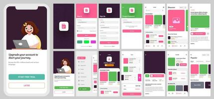 Mobile App UI Kit Including as Sign In, Sign Up, Forgot Password, Favorite Book, Discover Screens for Responsive Website. Online Learning or Education Concept. vector