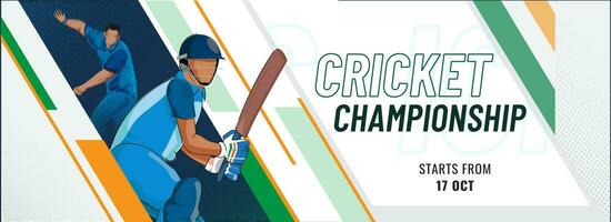 Cricket Championship Banner or Header Design with Illustration of Faceless Batter Player and Bowler in Playing Pose on Abstract Background. vector