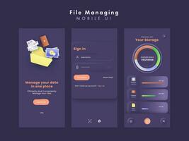 File Managing Mobile App UI Kit Including as Login, Sign Up, Data Storage Screen for Responsive Website. vector