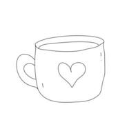 Doodle cute cup of coffee with heart, isolated on white background. Hand drawn icon in doodle style. Template for greeting card, simple logotype, decorations, menu, books. Vector graphic illustration.