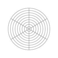 Wheel of life template. Polar grid of 6 segments and 8 concentric circles. Simple coaching tool for visualizing all areas of life. Blank polar graph paper. Circle diagram of life style balance. Vector