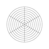 Wheel of life template. Polar grid of 6 segments and 8 concentric circles. Simple coaching tool for visualizing all areas of life. Blank polar graph paper. Circle diagram of life style balance. Vector