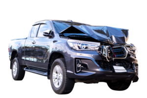 PNG format. Back and side view of black pickup car get damaged by accident on the road. damaged cars after collision. isolated on transparent background