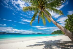 AI generated Close-up view of beach with white sand on the island, lush palm trees,tropical paradis. photo