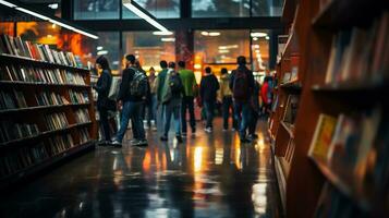 AI generated Group of people standing in library and reading books. Education concept. photo