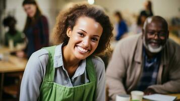 AI generated Portrait of smiling woman in office with colleagues in the background photo