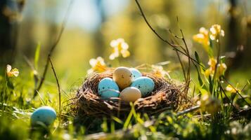 ai generado Pascua de Resurrección huevos en un nido en el césped en el primavera bosque foto