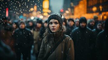 ai generado joven mujer en invierno ropa caminando en el ciudad a noche. superficial profundidad de campo. foto