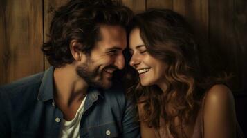 AI generated Beautiful young couple in love, smiling and looking at each other photo