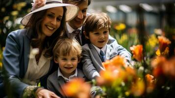 ai generado contento familia con niños en un flor jardín. selectivo enfocar. foto