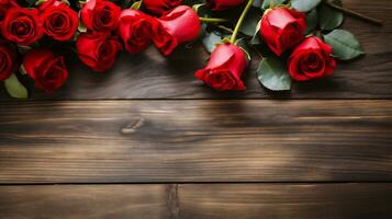 AI generated Red roses on wooden background. Valentines day background with copy space photo