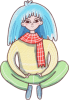 cartoon girl with blue hair sitting in a lotus position png