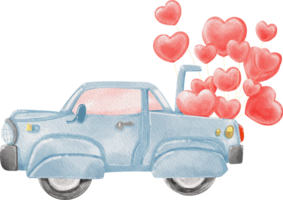 a blue car with red hearts on the back and a heart shaped balloon png