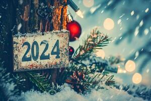 AI generated New year and christmas background. Festive decoration with bokeh lights. photo
