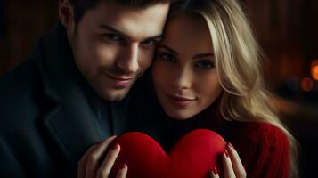 AI generated Beautiful young couple in love holding red heart. Valentine's Day. photo