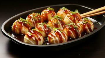 ai generado takoyaki - japonés frito empanadillas con soja salsa foto