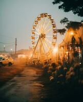 AI generated Ferris wheel on the road in the evening. Vintage style. photo