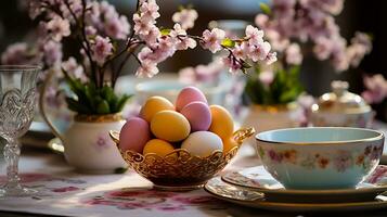 AI generated Easter table setting with colored eggs and crockery, selective focus photo