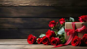 AI generated Red roses on wooden background. Valentines day background with copy space photo