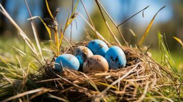 ai generado Pascua de Resurrección huevos en un nido en el césped en el primavera bosque foto