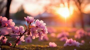 ai generado Cereza flores en el jardín a puesta de sol. hermosa primavera antecedentes foto