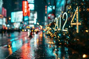 AI generated Christmas and New Year holidays background. Defocused bokeh lights on the street. photo