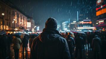 AI generated Man walking on the street at night in the rain, back view photo