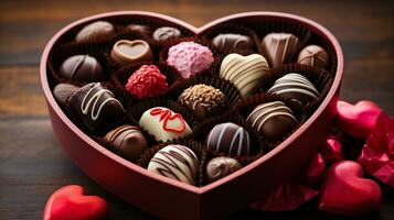 AI generated Box of assorted chocolates in heart shaped box on wooden background photo