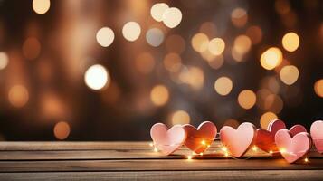 ai generado San Valentín día antecedentes con corazones y bokeh luces foto