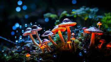 AI generated Mushrooms growing on a mossy tree trunk in the forest photo