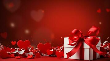 AI generated Valentines day background with gift box and red hearts photo