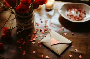 ai generado San Valentín día antecedentes. amor carta, sobre y rojo corazones en de madera mesa foto