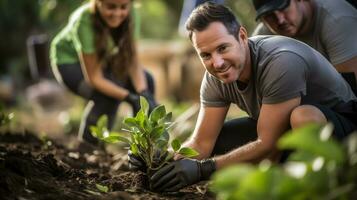 ai generado retrato de sonriente hombre plantando planta de semillero en suelo durante jardinería clase foto