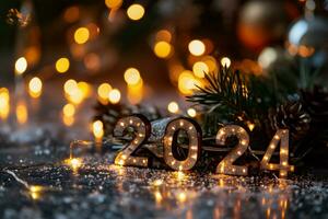 AI generated New year and christmas background. Festive decoration with bokeh lights. photo