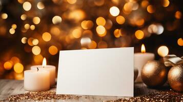 AI generated Blank paper card on wooden table with bokeh lights background photo