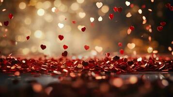 ai generado San Valentín día antecedentes con rojo corazones en bokeh antecedentes foto