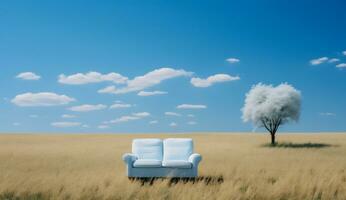 AI generated armchair and tree in the field with blue sky background photo