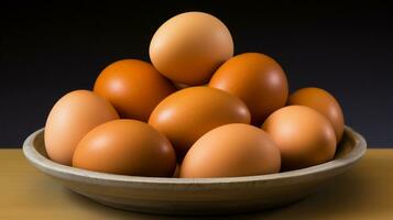 AI generated Basket of fresh eggs on a wooden table. photo