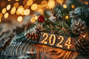 AI generated New year and christmas background. Festive decoration with bokeh lights. photo