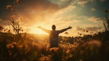 ai generado hombre en trigo campo con elevado manos a puesta de sol. concepto de libertad y felicidad. foto