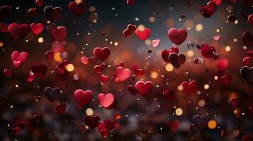 AI generated Valentine's day background with red hearts on bokeh background photo