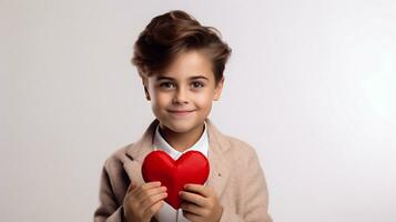 AI generated Portrait of a cute little girl holding a red heart on a gray background photo