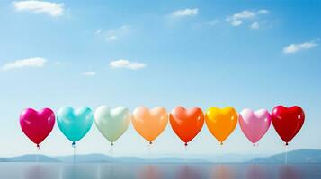 ai generado vistoso globos en azul cielo antecedentes. san valentin día concepto. foto