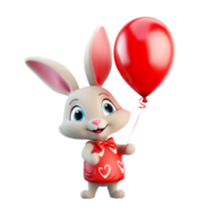 AI generated cute baby bunny holds red heart with balloons floating it the sky on valentine day png